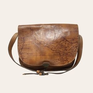 Patricia Nash Brown Leather Map-Print Shoulder Bag